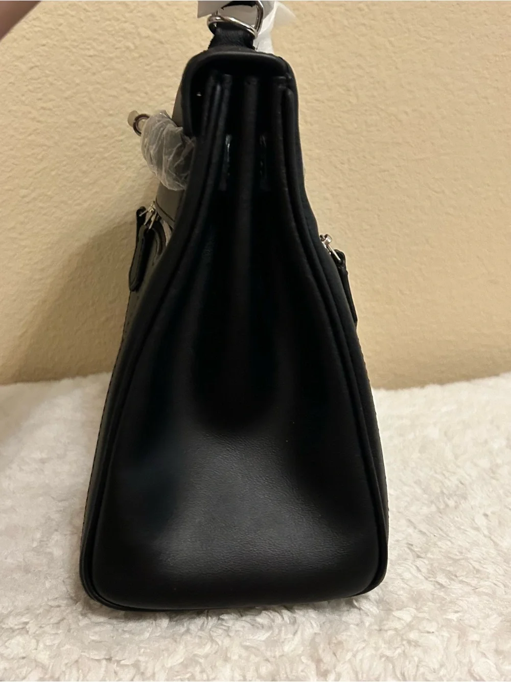 28cm Black Top Handle Double Front Pocket Leather Satchel
